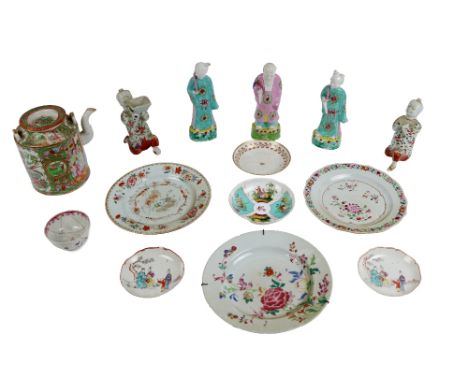 A collection of varied 19th Century Chinese Porcelain, comprising large Cantonese Teapot, Kangxi type Plates, Saucers and Dei