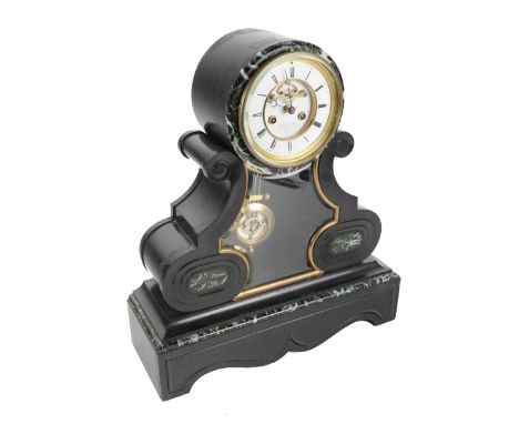 A 19th Century French marble and slate Mantel Clock, by Miroy Freres and Fils, Paris, the circular dial with Roman numerals a