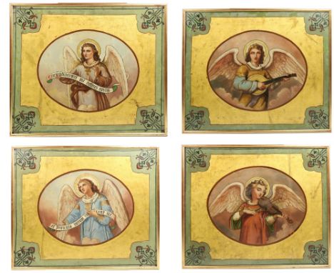 19th Century Pre-Raphaelite Style   Set of 4 attractive painted Panels,&nbsp;each depicting angels, with musical instruments,