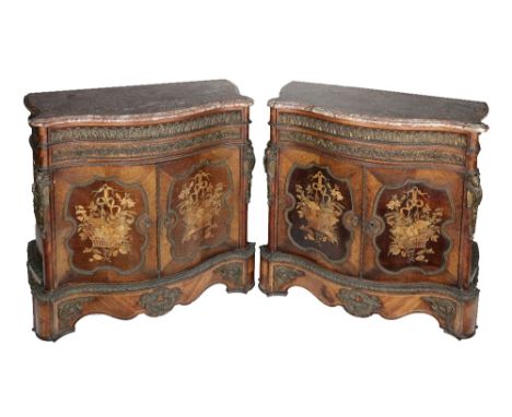 A pair of elegant Victorian kingwood Cabinets, each with moulded Sienna marble tops of serpentine form over a frieze with dou