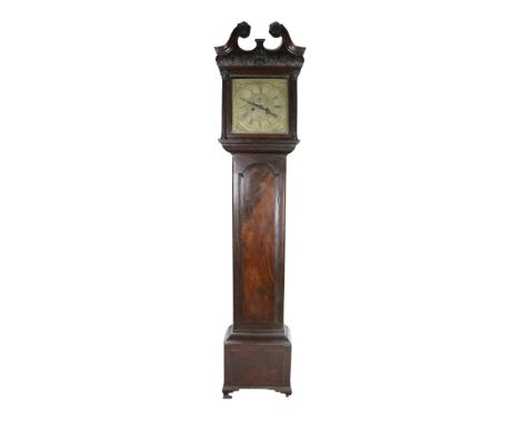 An important Irish Georgian mahogany Grandfather Clock, the hood with swan neck pediment carved rosettes and lion mask with l