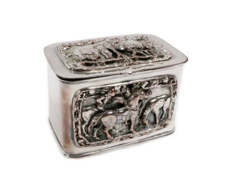 A large rectangular Tea Caddy, c. 1880, with plain sides and double wire border, having an electroform panel to the front and