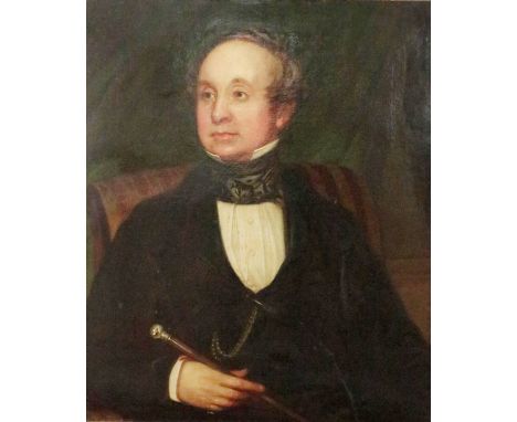 William Spell, 19th Century English School  "Portrait of a Gentleman seated in black suit, holding a silver topped cane," O.O