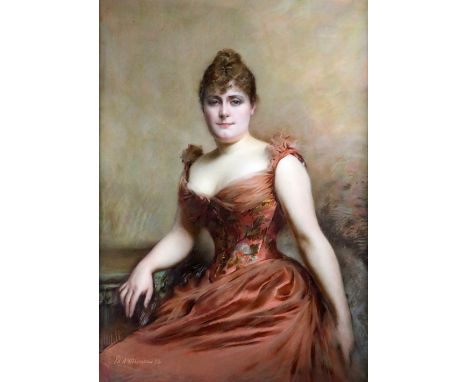 Marie Adolphe Edouard Moderat d'Otemar, French (1853-1917)  "Portrait of an elegant Young Lady in low cut floral design red d