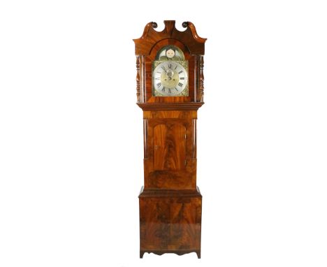 A large 19th Century Scottish mahogany cased Grandfather Clock, the hood with breakneck pediment over brass and silver dial w