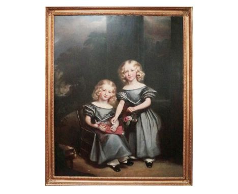 19th Century English School  "Portrait of two Young Girls," O.O.C., attractive and charming subject of two sisters in matchin