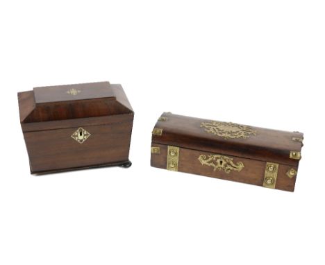 A Regency rosewood Tea Caddy, of sarcophagus inlay, opening to reveal fitted interior, on bun feet; together with an oblong d