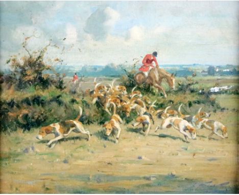 George Wright, British (1860-1942)  "The Leading Pack," O.O.C., extensive hunting with pack of hounds in foreground and horse