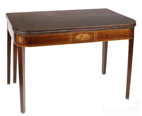 A Georgian fold-over Card Table, the plain top with rounded edges opening to reveal a baize interior over a frieze with shell