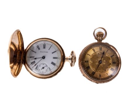 An American 14ct gold cased and engraved small Pocket Watch, by American Waltham Watch Co., with enamel dial and Roman numera
