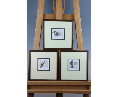 Sax, "Harp" and "Horn", a trio of contemporary miniature dry point etchings depicting musical instruments superimposed on she