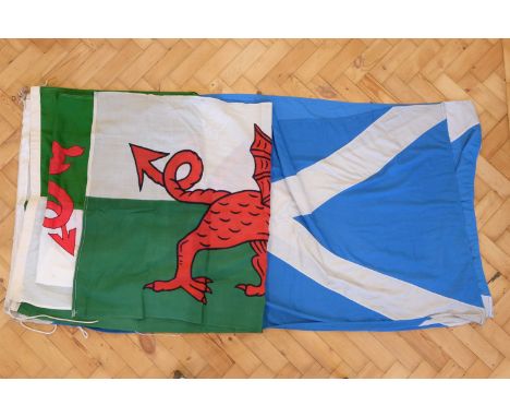 Two vintage cotton Wales flags together with two Scotland flags, approximately 190 x 185 cm