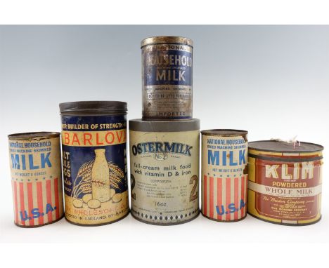 Six vintage dried milk tins including "Ostermilk" and "Klim" together with two "National Household Dried Machine Skimmed Milk