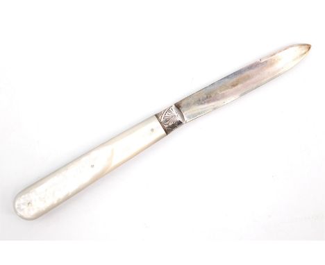 A late Victorian pocket folding silver fruit knife, having mother-of-pearl grip scales, Charles William Fletcher, Sheffield, 