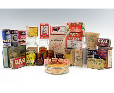 A large quantity of vintage food packaging including unopened "OXO" cubes and "Rowntree's" Kitkat together with "Horlicks" ta