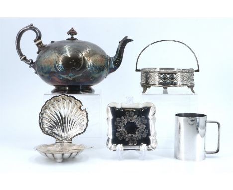 A group of electroplate, including a Victorian teapot having ceramic insulators, a tankard, etc