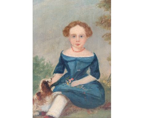 A naive portrait of a young girl and her spaniel seated after picking flowers, oil on panel, circa 1930s - 40s, in gilded mou