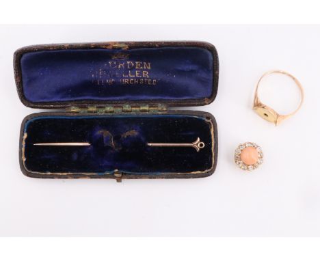 A cased Victorian diamond and coral metamorphic stick pin / shirt stud and associated finger ring, comprising a 7.5 mm coral 