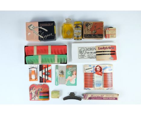 A quantity of vintage cosmetic packaging and new old stock including "Valerie" bobby pins, "Burman" clippers and boxed "Keron