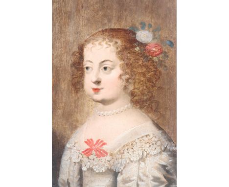 A late 17th Century portrait of a young lady, in a silk dress with lacework, adorned with pearls and wearing flowers in her h