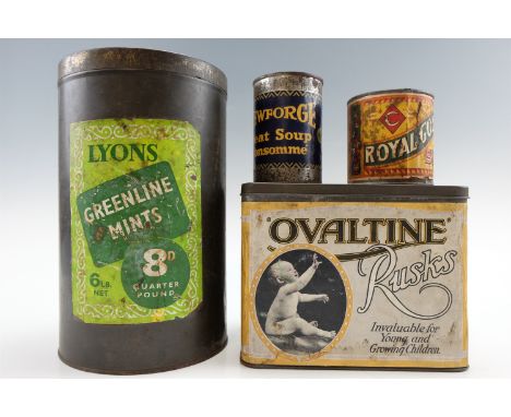 Four vintage food tins including "Lyons" Greenline mints and "Newforge" meat soup etc, 2nd quarter 20th Century, tallest 26 c