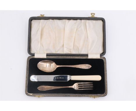 A cased silver Christening set, including an ivorine handled stainless steel knife, Arthur Price &amp; Co Ltd, Birmingham, 19