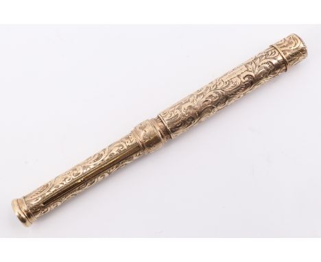 A Victorian yellow metal telescopic combination slide pen and propelling pencil, bearing an engraved arrow mark, 86 mm closed