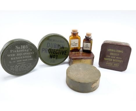 Two British army water sterilising outfits, webbing renovator, dubbin and a cake of Blanco