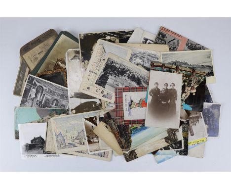 A group of early photographs, cabinet cards and postcards etc including a tin-type portrait of three men apparently seaside p