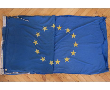 Four vintage cotton EU flags, approximately 195 x 180 cm