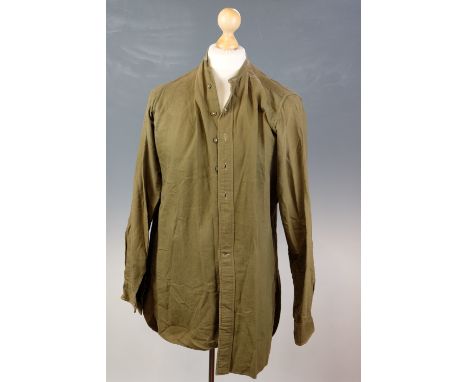 A reproduction Second World War British army collarless shirt together with two army officers' shirts, latter circa 1940s