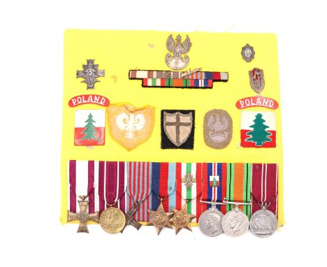 A Second World War Free Polish Army medal and insignia group including a Cross of Valour, Army Medal for War 1939-45, Monte C