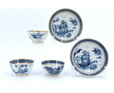 Three late 18th / early 19th Century Chinese export blue and white tea bowls and two saucers, bowls 8.5 x 5 cm[Two cups bear 