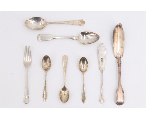 A quantity of Victorian and later silver knives and spoons, together with a christening fork, 191 g