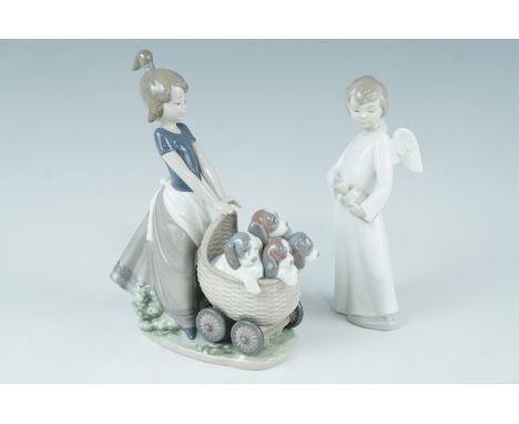 A Lladro figurine of girl with puppies, together with a Nao angel, tallest 22 cm 