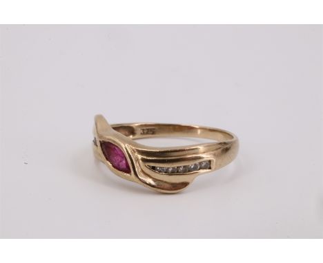 A ruby and diamond ring, comprising a twist-set marquise-cut ruby of approx 0.3 ct, bezel-set between rows of small channel-s