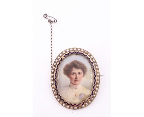 A fine Victorian pearl-set and enamelled yellow metal double-faced locket brooch, enclosing portrait miniatures of a young wo