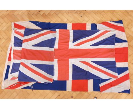 Three vintage cotton Union Jack flags, larger 270 x 120 cm