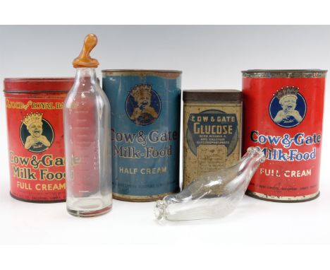 A quantity of vintage baby packaging including "Cow &amp; Gate" milk-food tins together with a glass "The Allenbury's Feeder"