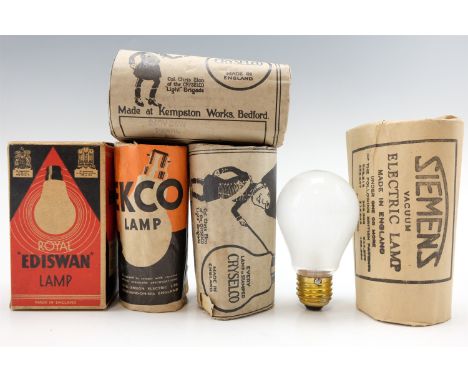 Five vintage new old stock light bulbs comprising "Cryselco", "Siemens", "Efco" and "Ediswan", circa 1940s, 14 cm 