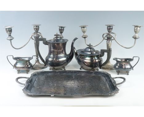 A Viners electroplate "Alpha Plate" four piece teaset and tray, together with two Falstaff electroplate candelabra, tray 57 c
