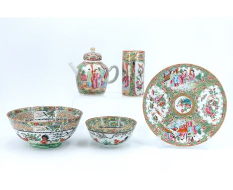 A group of Chinese famille vert ceramics, comprising a teapot, a brush pot, two matching bowls and a plate, latter 20 cm[Chip