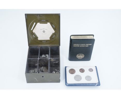 A boxed Carlisle and North West Counties Savings Bank money box, with keys, and a vintage Criterion metal savings box, togeth