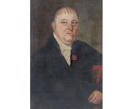 A half portrait of a gentleman, seated with arm crooked over chair, oil on canvas, early 19th Century, in broad moulded gilt 