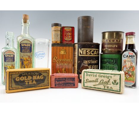 A quantity of vintage tea and coffee packaging including "Nescafe", "Thompsons" and "Rowntrees Cocoa" tins together with new 