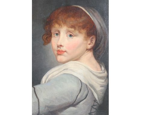 A chiaroscuro portrait of a young woman looking over her shoulder, oil on canvas, 19th century, in fabric covered gilt slip a