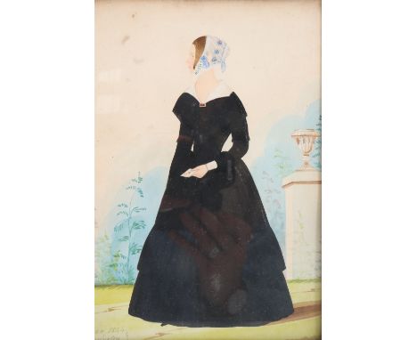 Huston (British, 19th Century) A naive full length profile portrait of a Victorian lady in mourning holding a letter, waterco