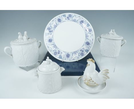 Two Royal Worcester lidded kitchen storage jars, together with a similar jar, a Royal Worcester egg cup and cover, and a boxe