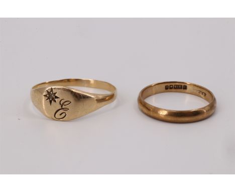 A 9 ct gold wedding band, Birmingham, 1960, size M, 3 mm wide, together with a 9 ct gold diamond set signet ring, the matrix 