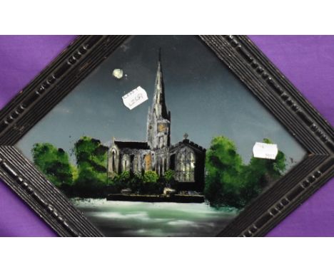 Artist Unknown (19th/20th Century), a reverse painting on glass, A church with mother of pearl windows, displayed within a re